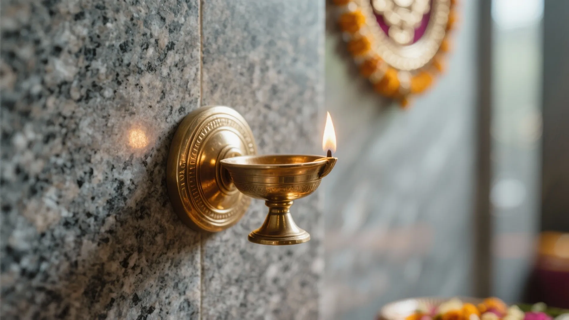 Macro of honed granite with a brushed brass diya holder showing fine texture.