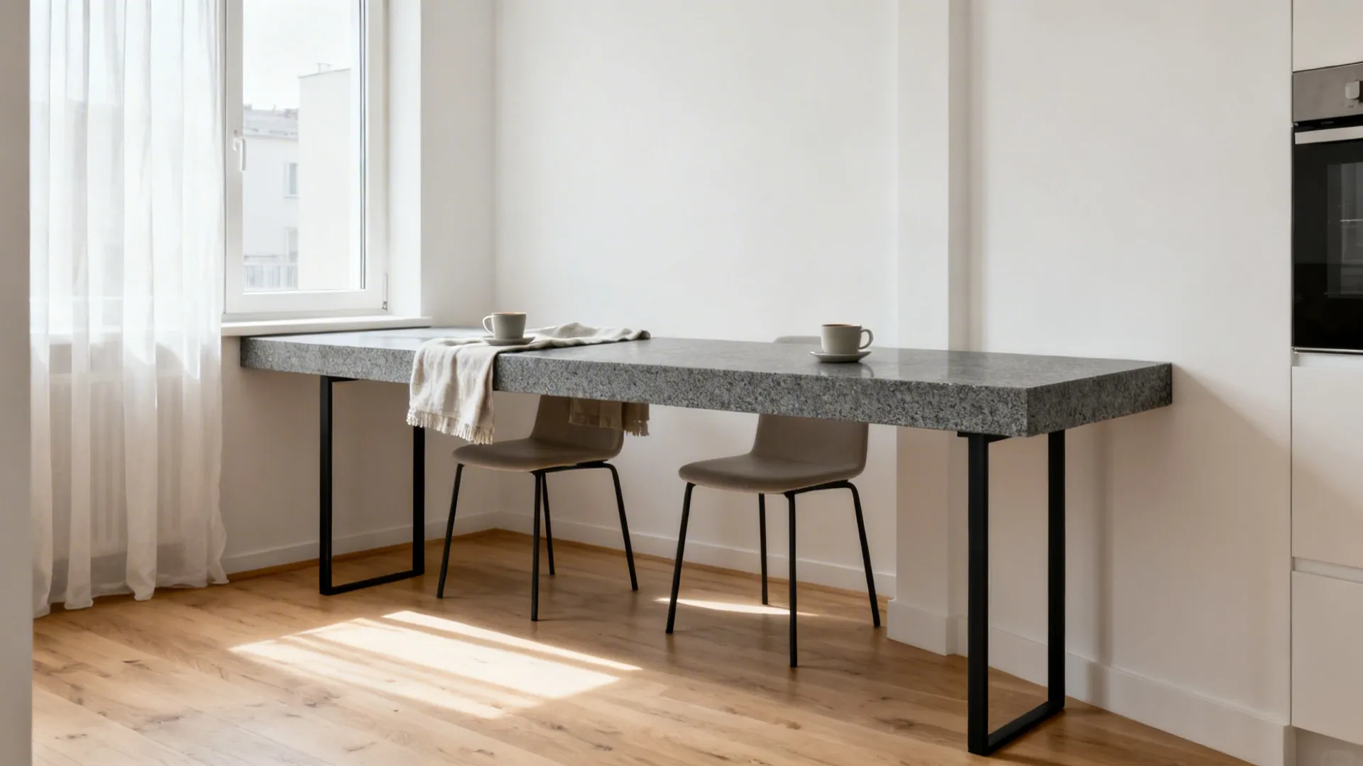 Minimal breakfast nook with a slim honed granite table by a sunlit window in a compact kitchen.