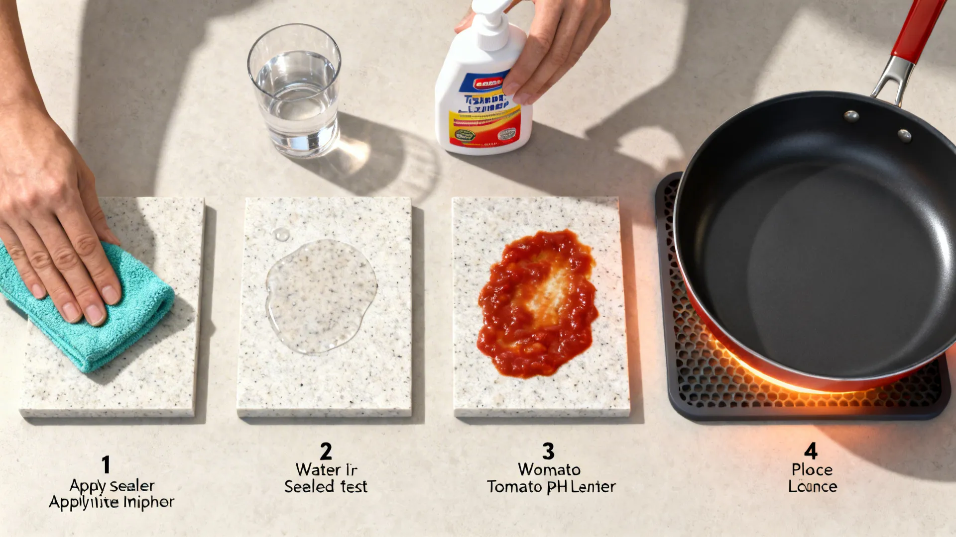 Top-down sequence showing sealing, water beading, cleaning spills, and using a trivet on granite.