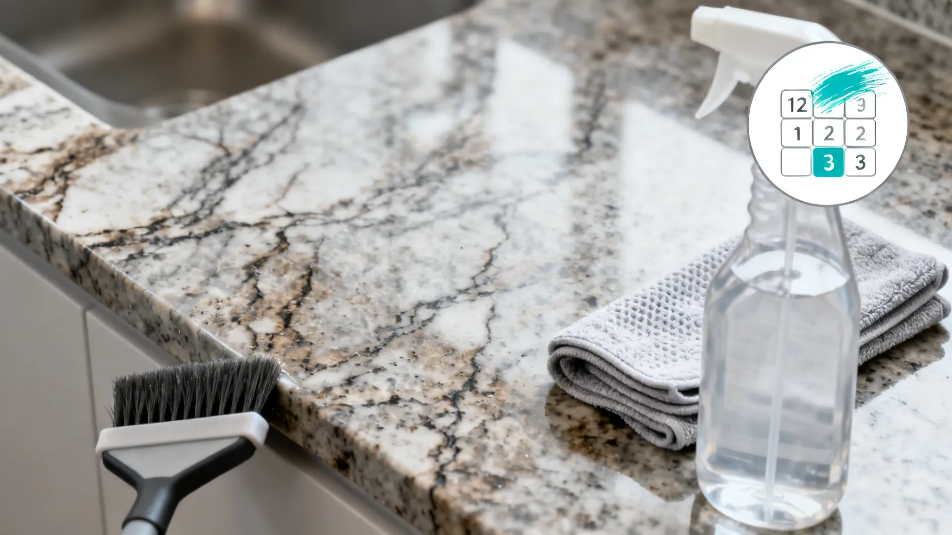Top-down scene with pH-neutral cleaner, cloth, and sealer on a Baltic Brown countertop.