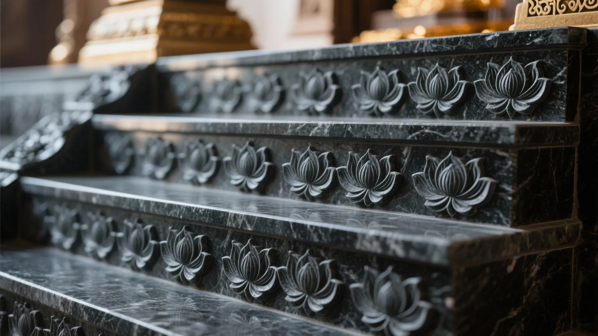 Detailed close up of black stone stairs decorated with many beautiful flower patterns carved into surfaces