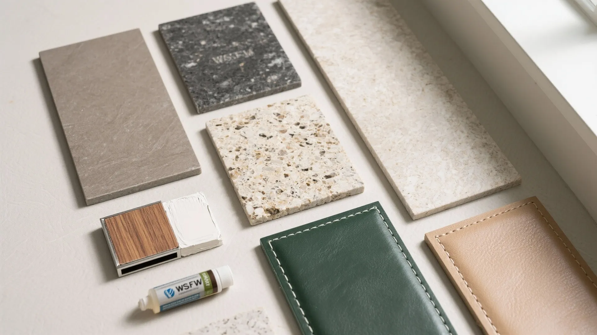 Flat lay of granite samples in warm gray, charcoal, beige, and deep green with honed, satin, and leathered textures.