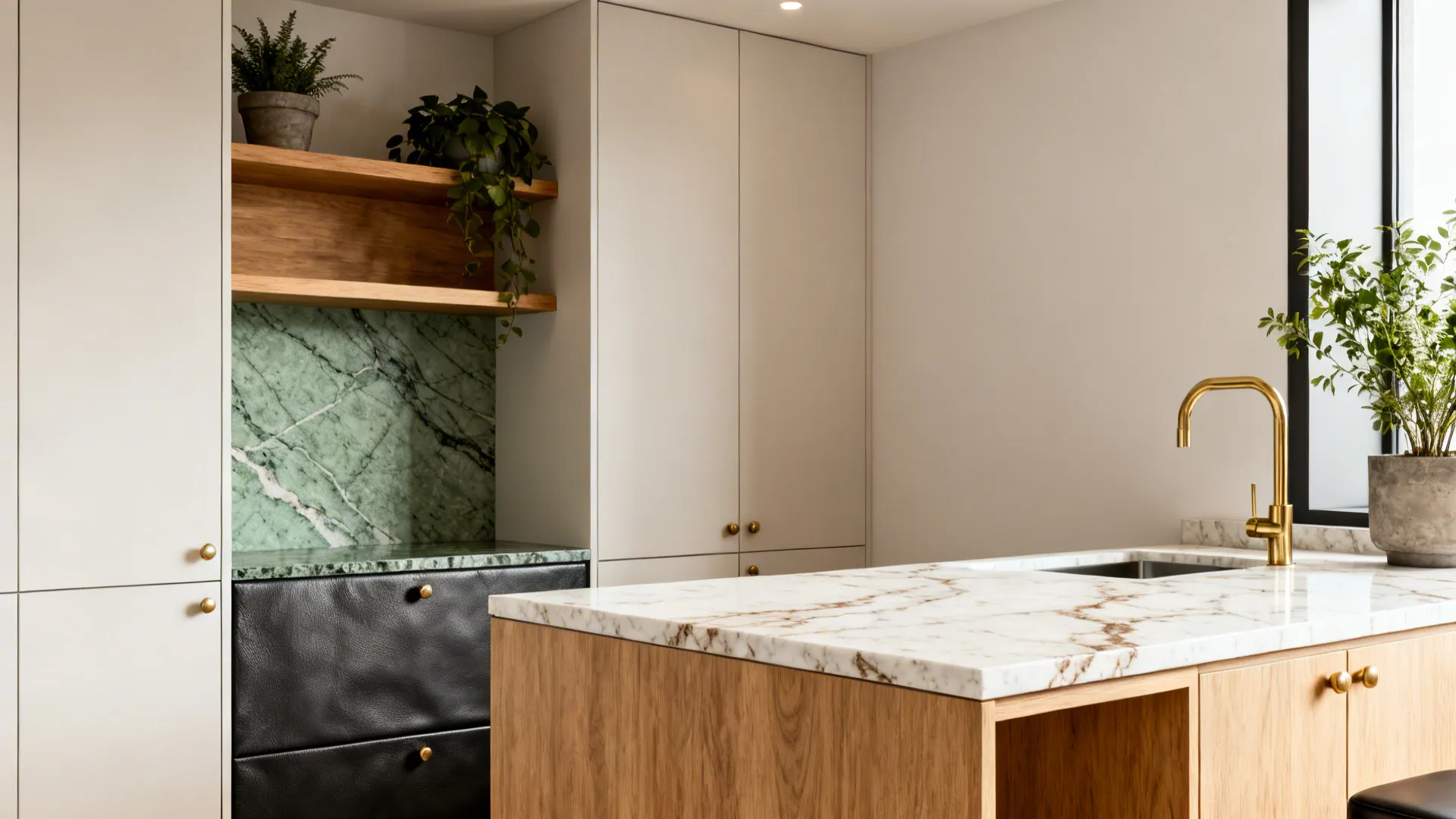Small kitchen showing warm white, charcoal, and sage-green granite combinations.