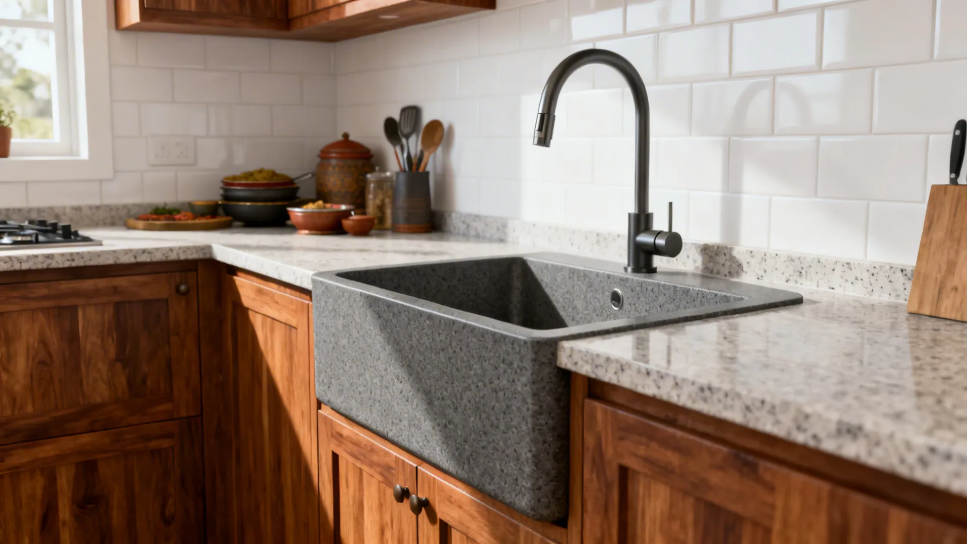 Graphite-grey granite-composite sink undermounted in a compact kitchen with white tiles and wood cabinets.