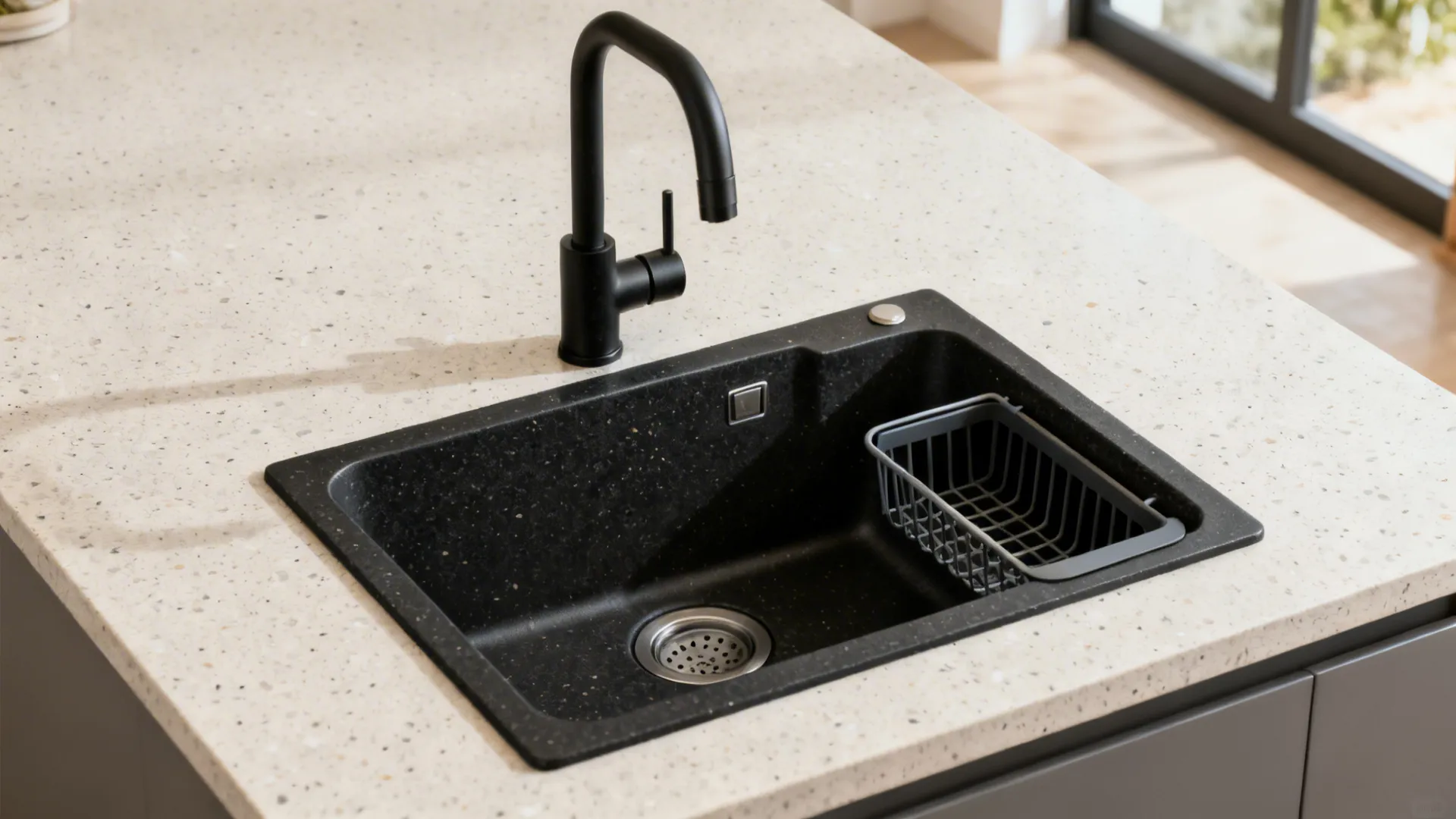 Matte granite-composite sink in a light counter, showing a clean, quiet, hard-water-resistant finish.