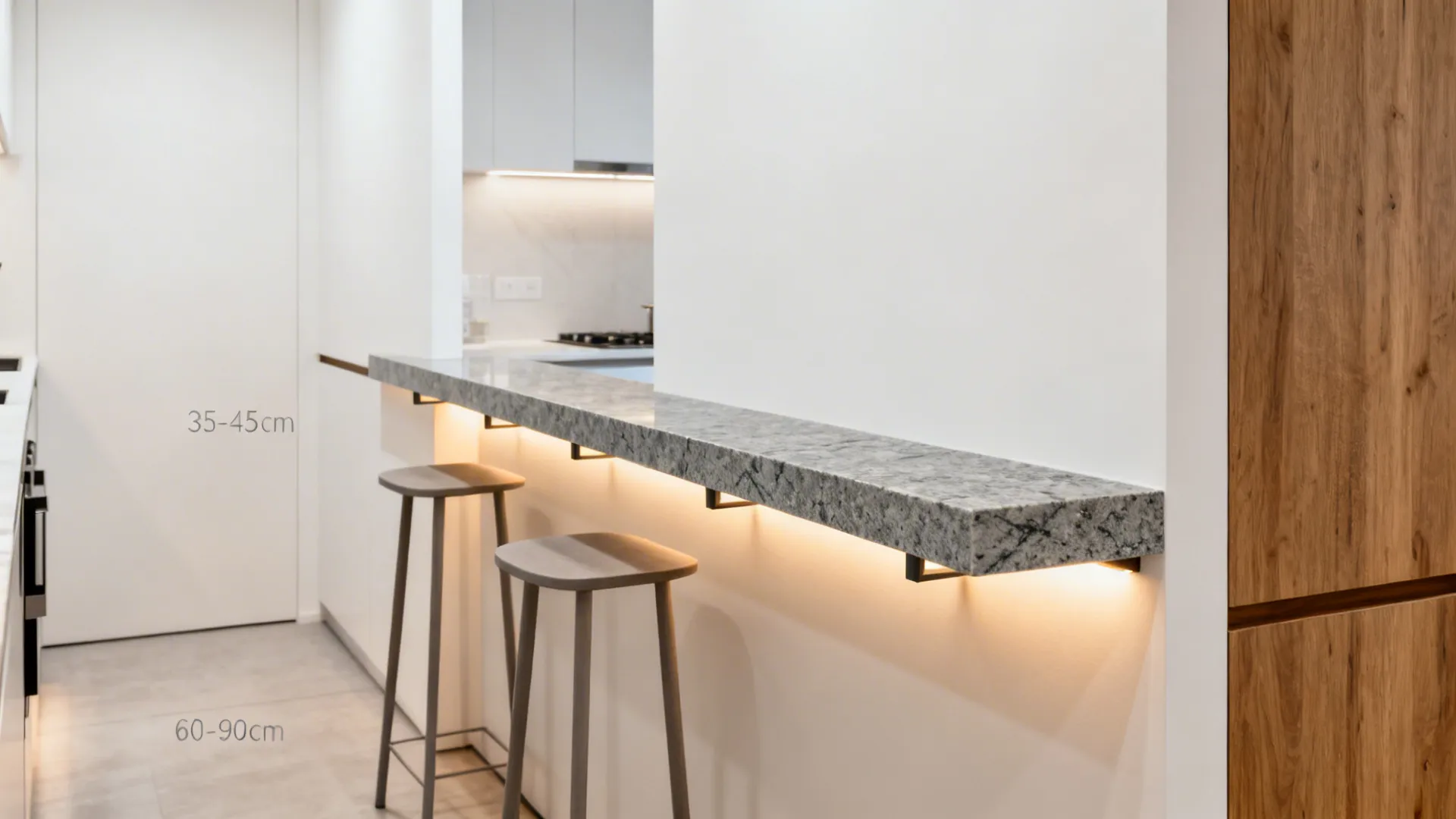 Slim gray granite console ledge with stools and warm LED wall wash in a compact kitchen.