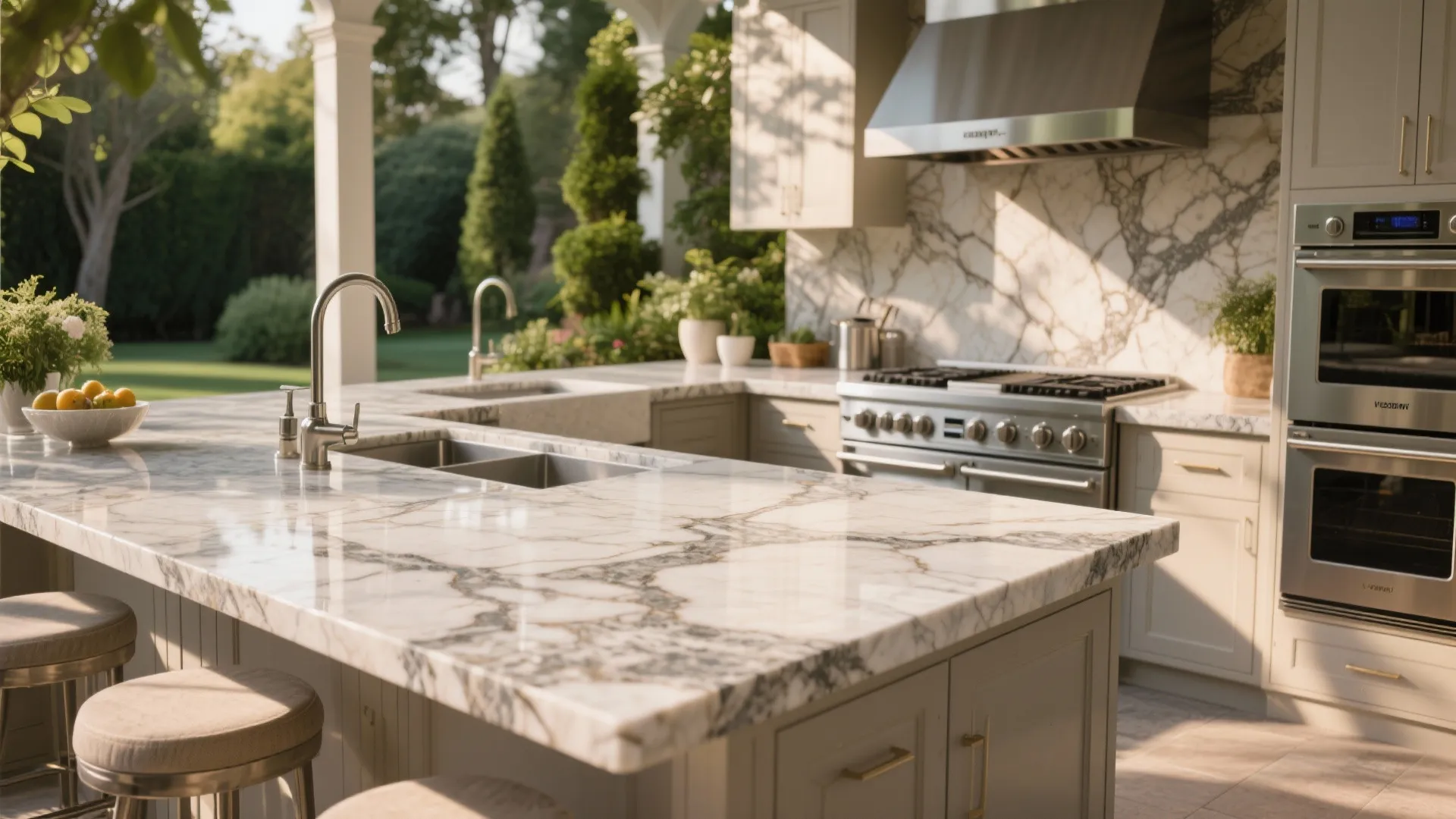 Outdoor kitchen with elegant granite countertop in natural light