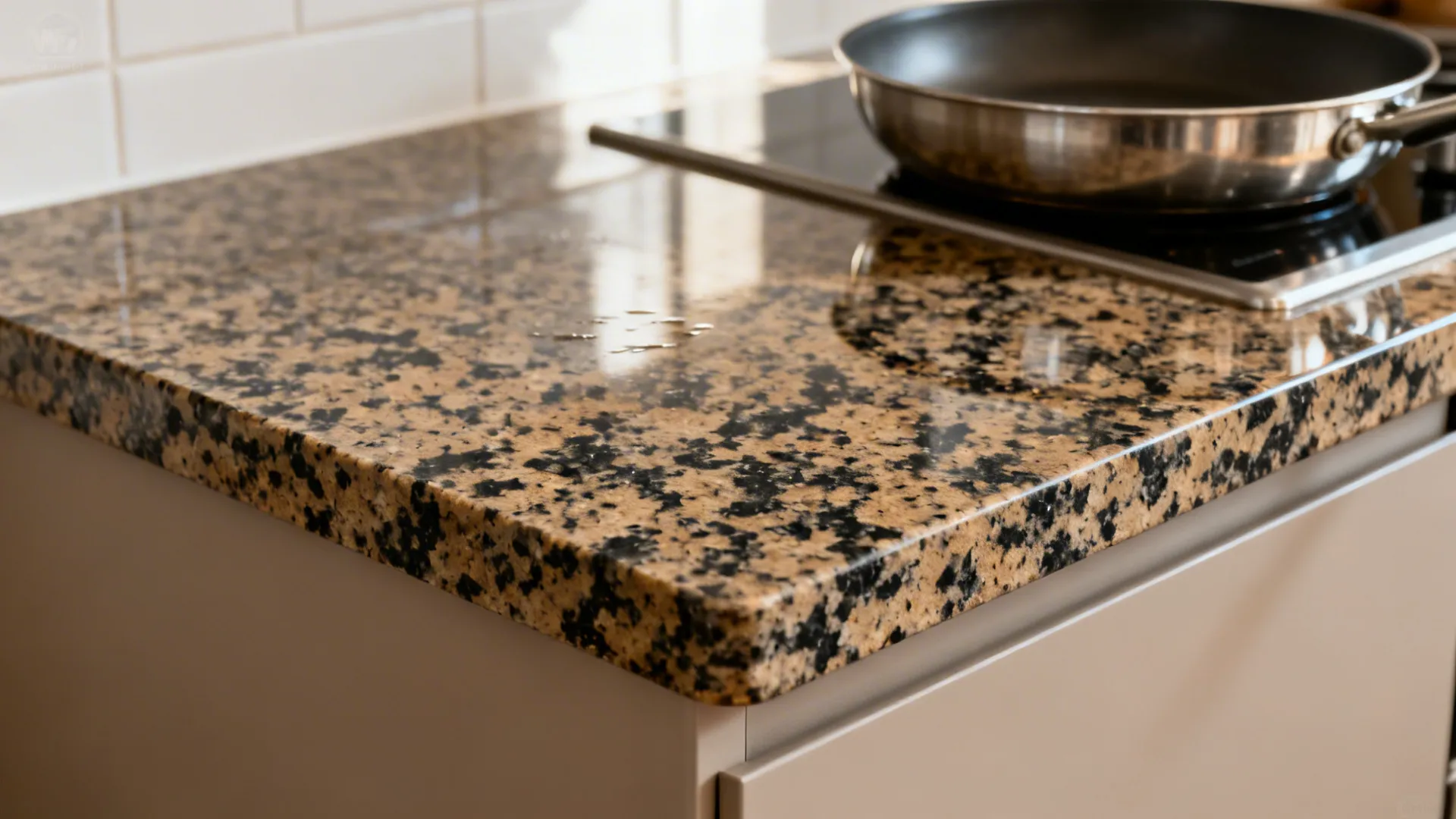 Macro view of polished speckled granite countertop with pencil edge in soft daylight.