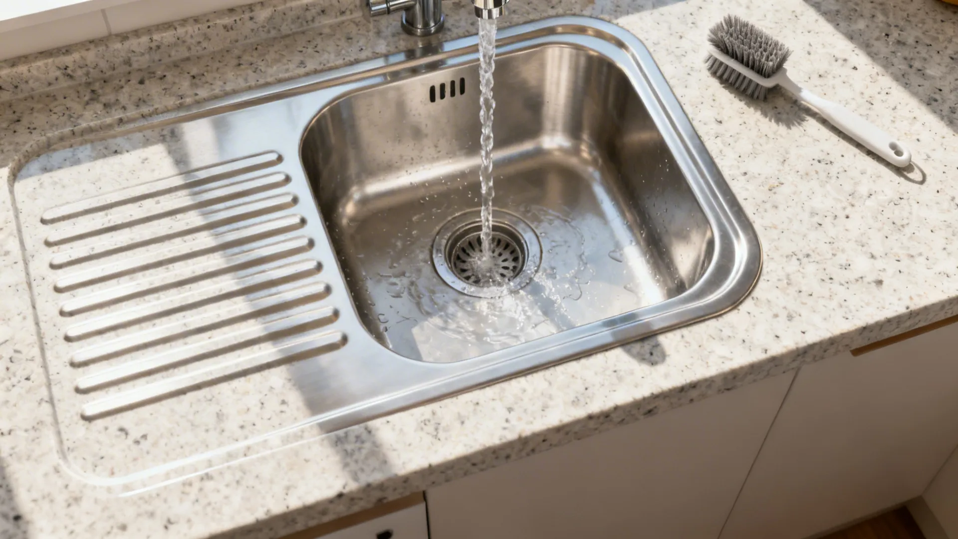 Top-down view of light granite with fluted drain grooves beside an undermount sink.