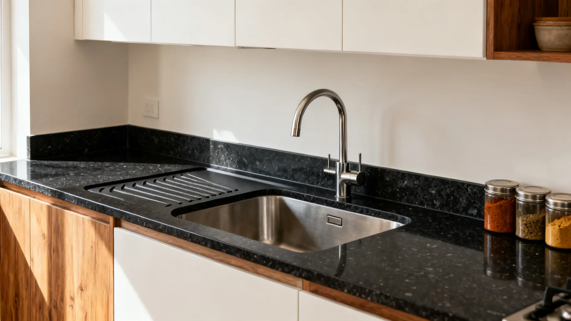 Dark granite platform with carved drainboard and splash ledge beside a sink in a compact kitchen.