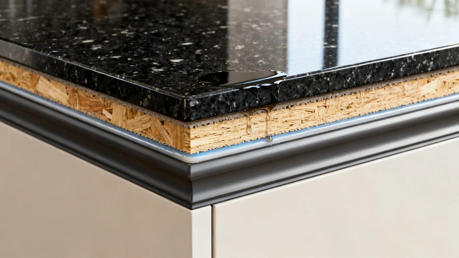 Macro cutaway of granite countertop with 6 mm drip edge over marine ply or RCC and sealed skirting.