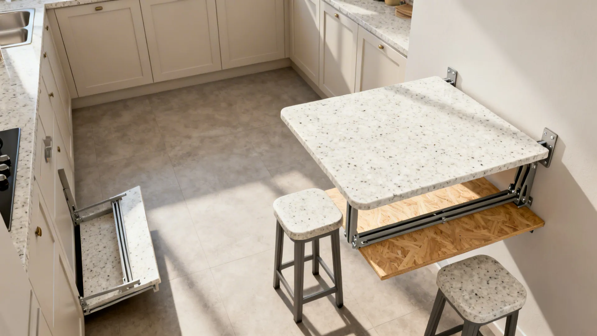 Top-down view of a wall-mounted granite drop-leaf table folded down and flipped up for two seats.