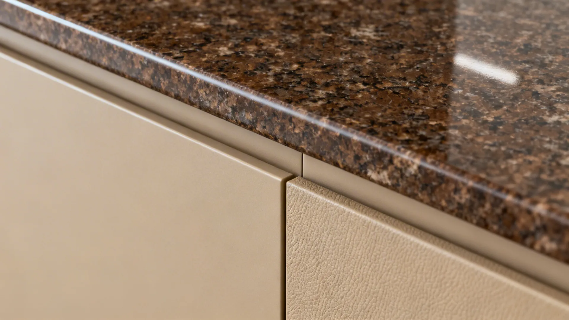 Macro of Baltic Brown eased edge showing honed and leathered finish comparison above matte cabinet.