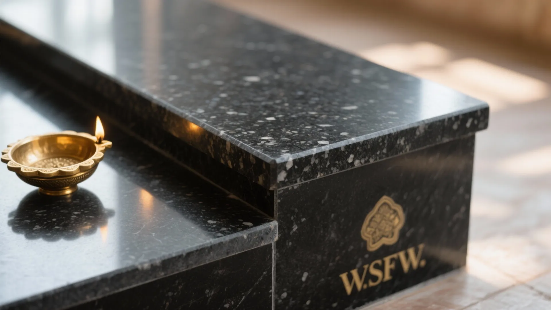 Close up view of black stone counter with a small gold lamp and light reflections