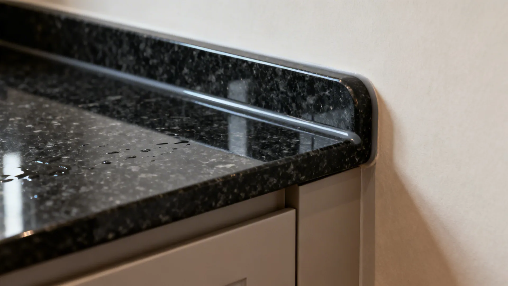Close up view of black stone countertop edge with water drops next to white wall