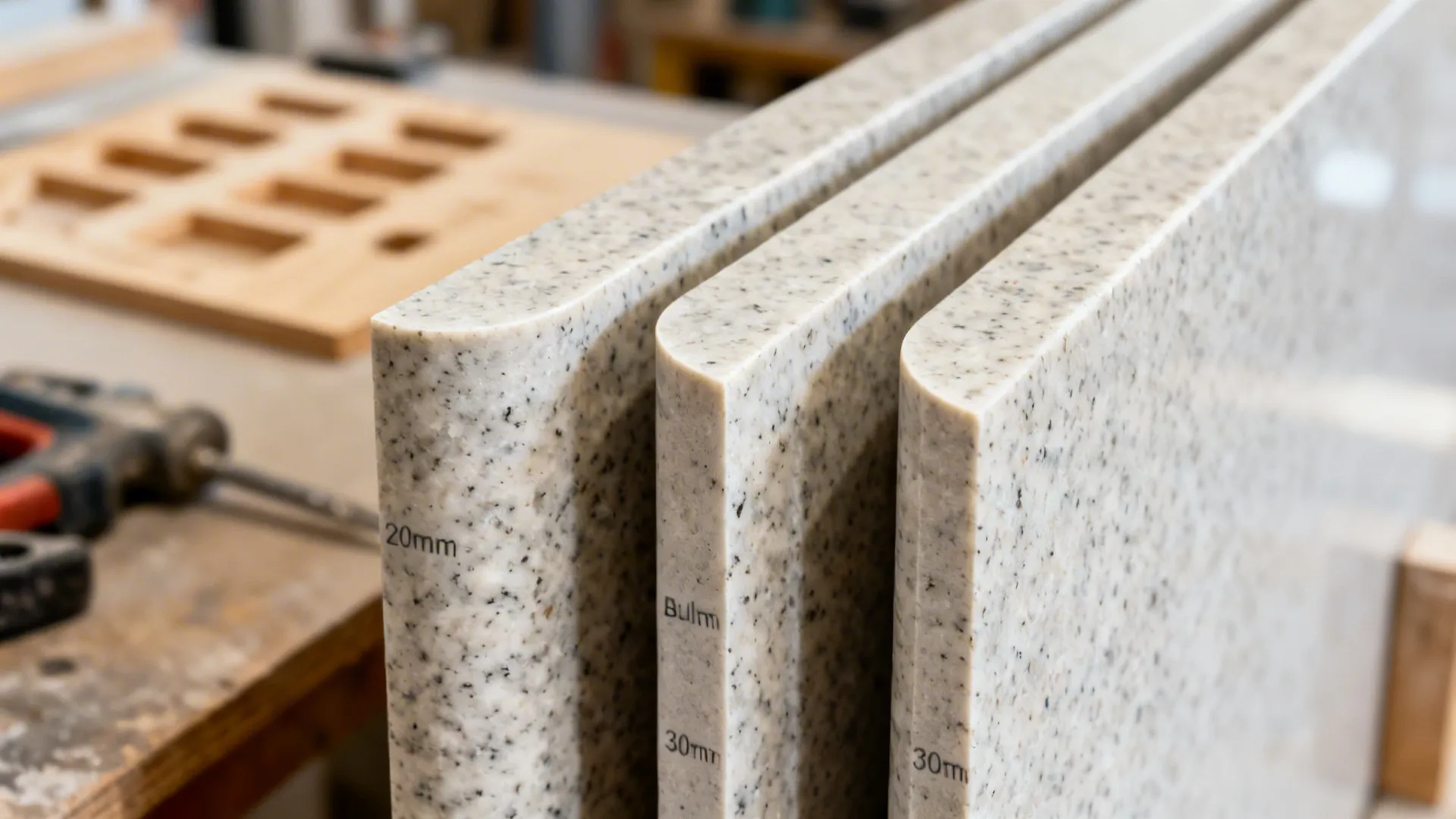 Macro view of eased, pencil, and half bullnose granite edge profiles on light stone.