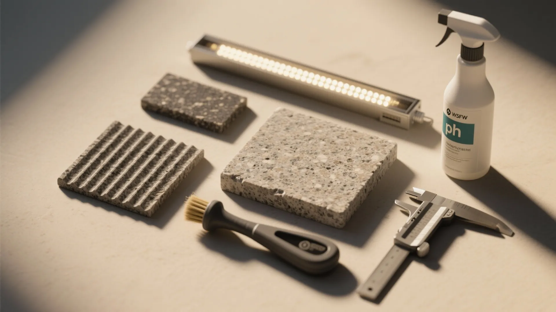 Selection of stone material samples with spray bottle brush light fixture and measuring tool on table
