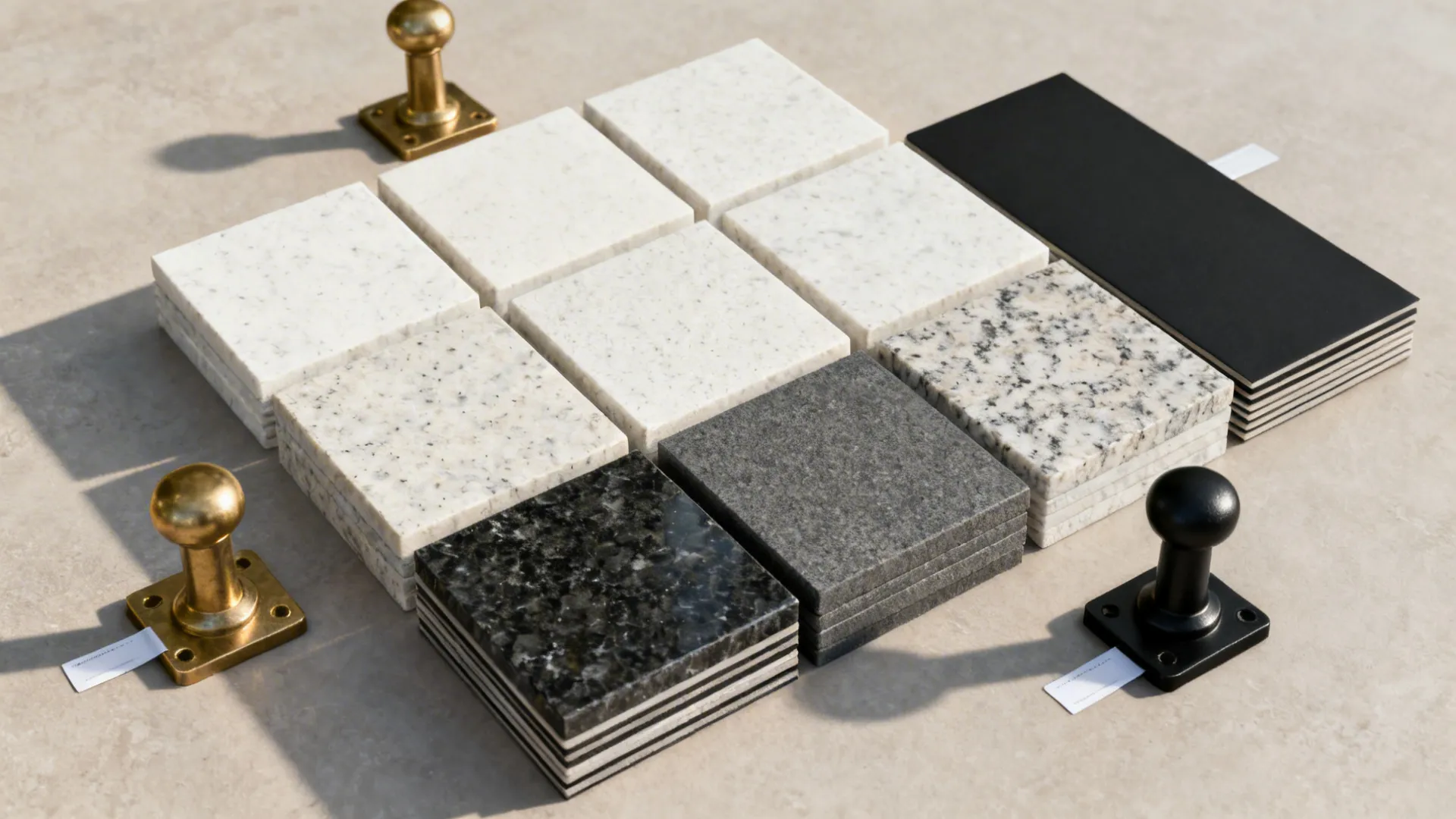 Flat lay of granite finishes, sealing products, and hardware swatches to explain kitchen choices.