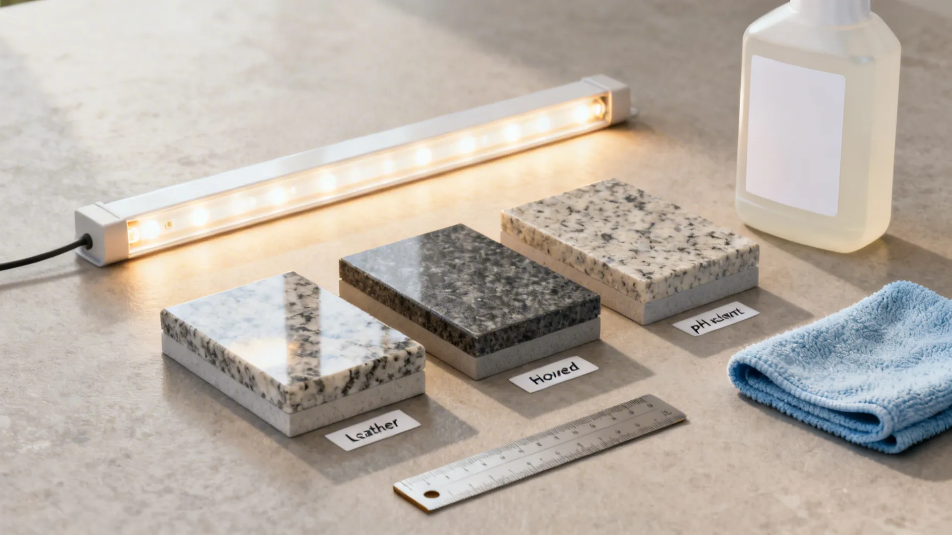 Top-down flatlay of polished, honed, and leathered granite samples with cleaning tools.