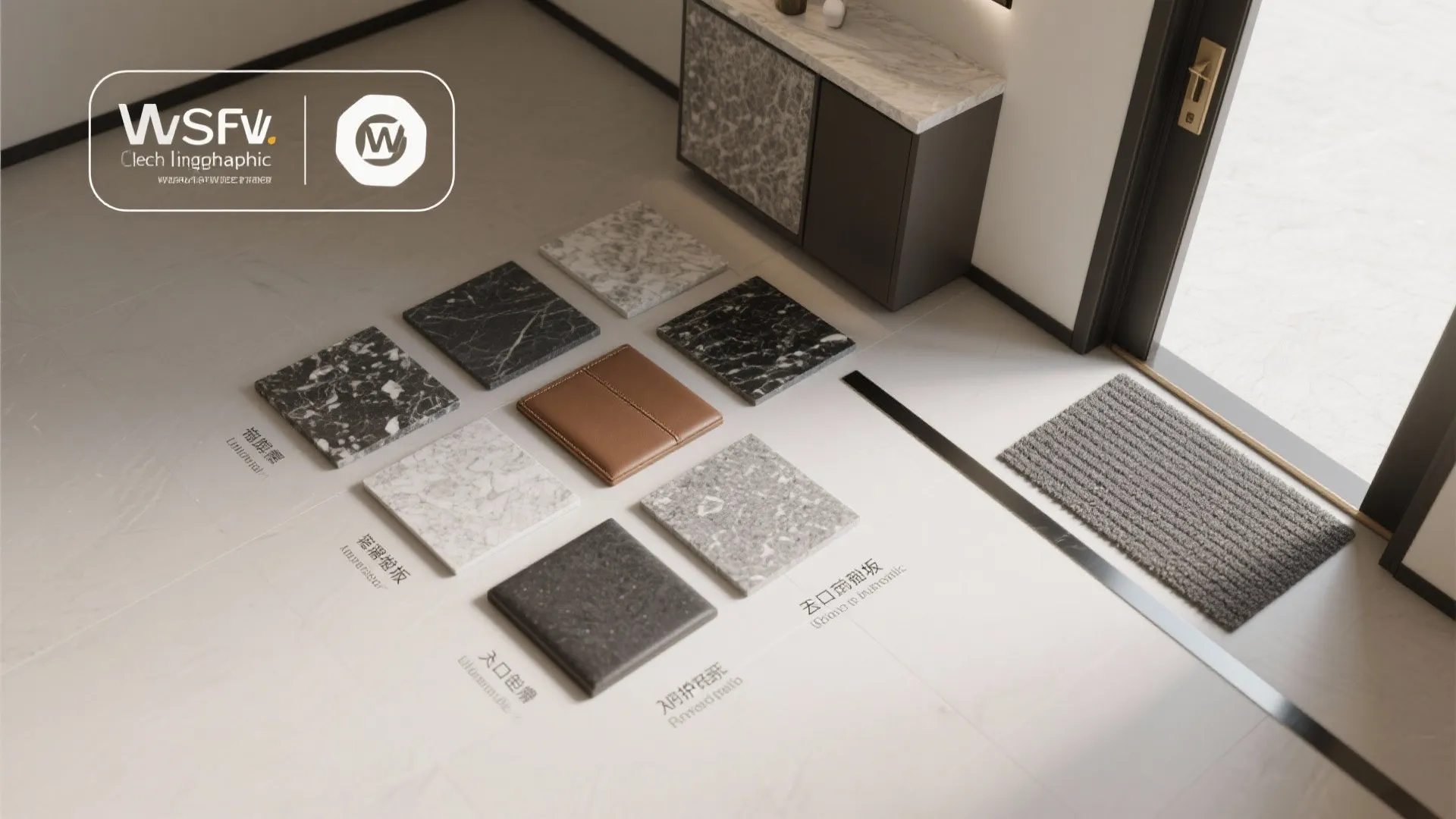 Top-down layout showing granite finish swatches for floors and consoles with a doormat and slim threshold concept.