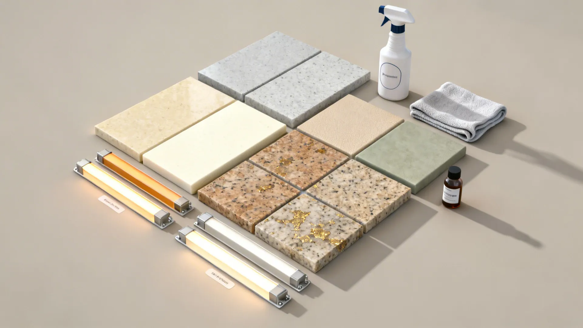Various granite stone tile samples with light fixtures a spray bottle a cloth and oil
