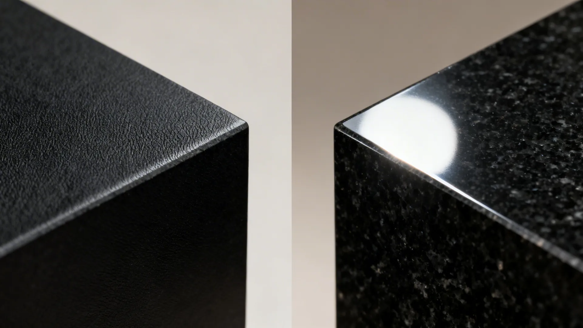 Macro comparison of honed leathered texture versus polished black granite surface