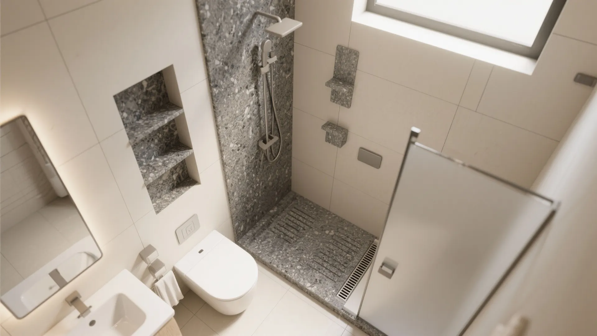 Top-down plan showing polished walls above waist, honed niches, and flamed shower floor with linear drain.