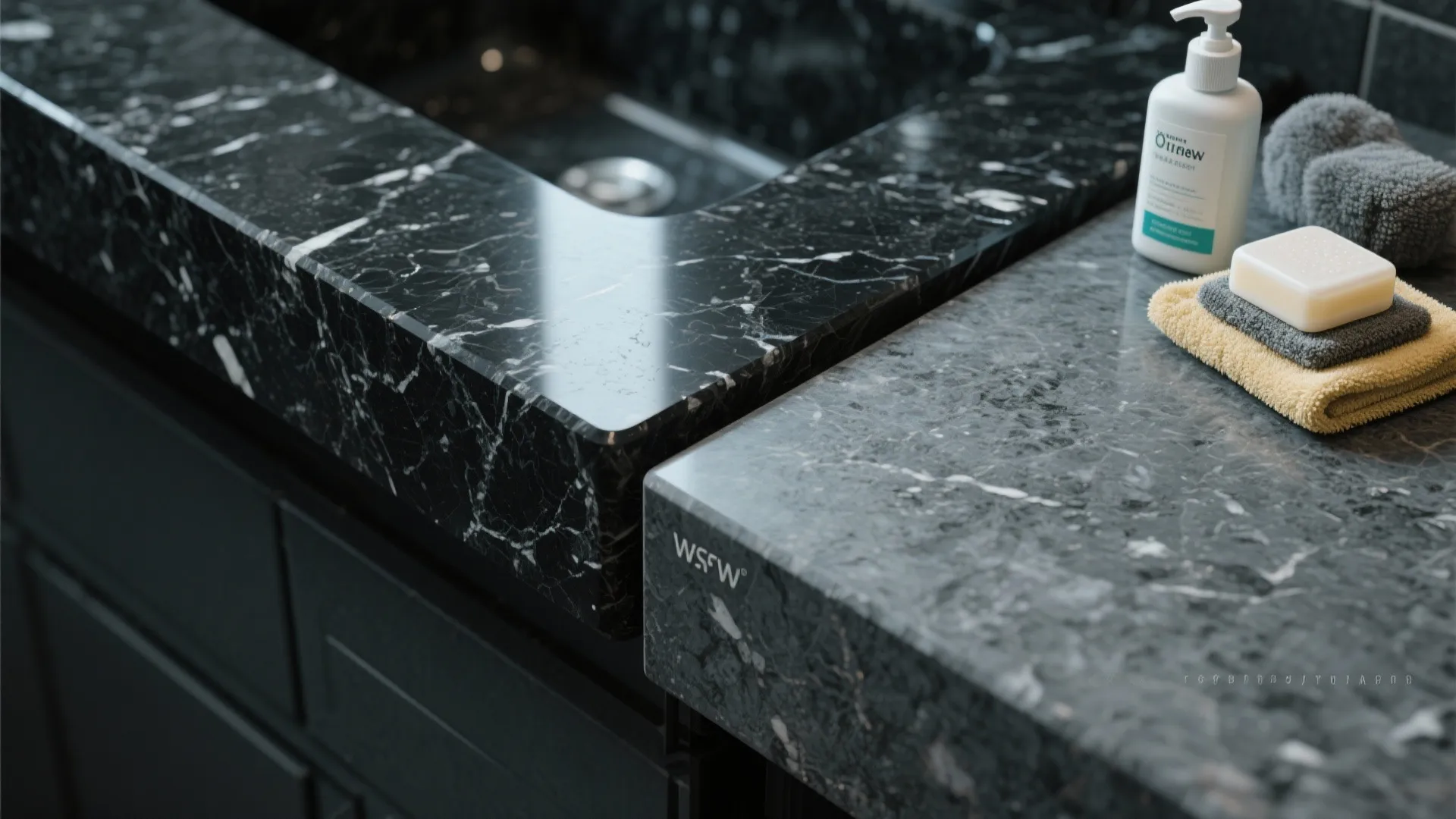 Close up of two different dark marble countertop finishes with soap and towels in bathroom