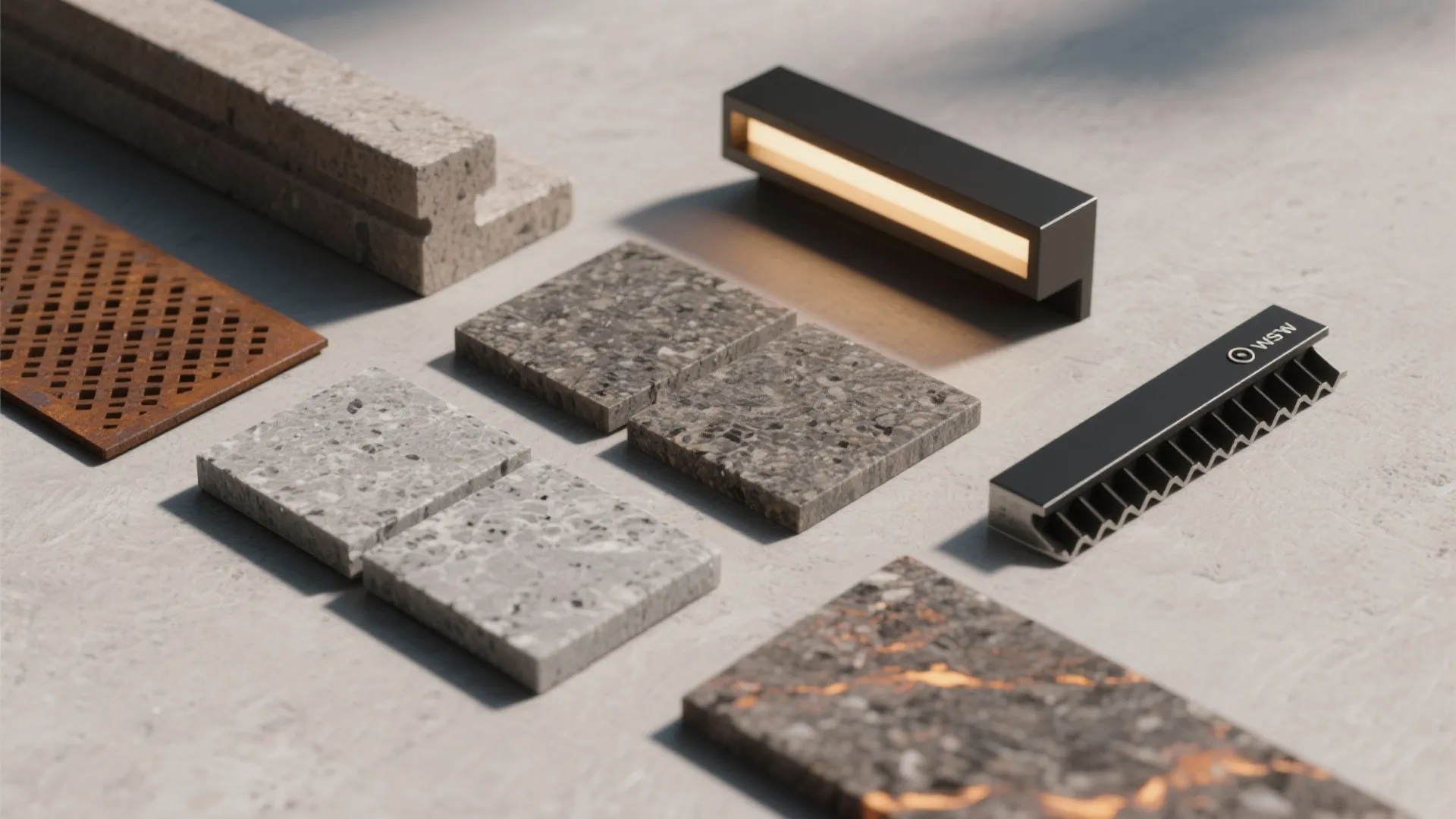 Flat lay of granite tile samples with different textures and colors including small black light fixtures