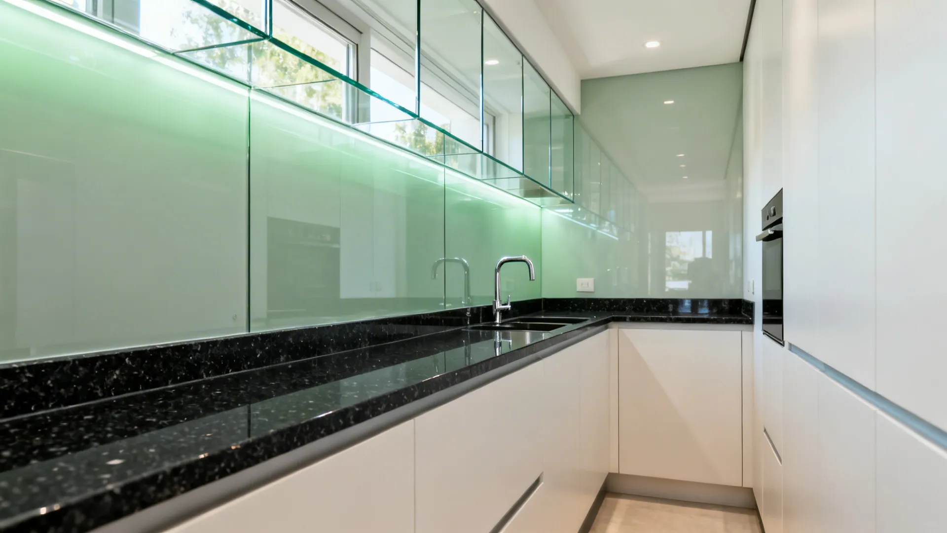 Galley kitchen with black granite worktops and low-iron glass backsplash reflecting daylight