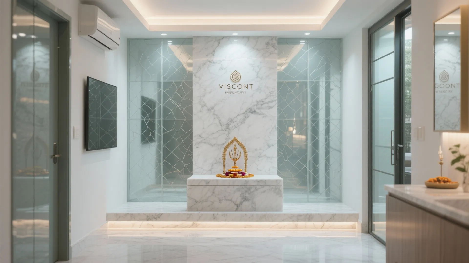 Modern prayer room with white marble wall panel, glass partitions, golden decor, and soft warm lighting