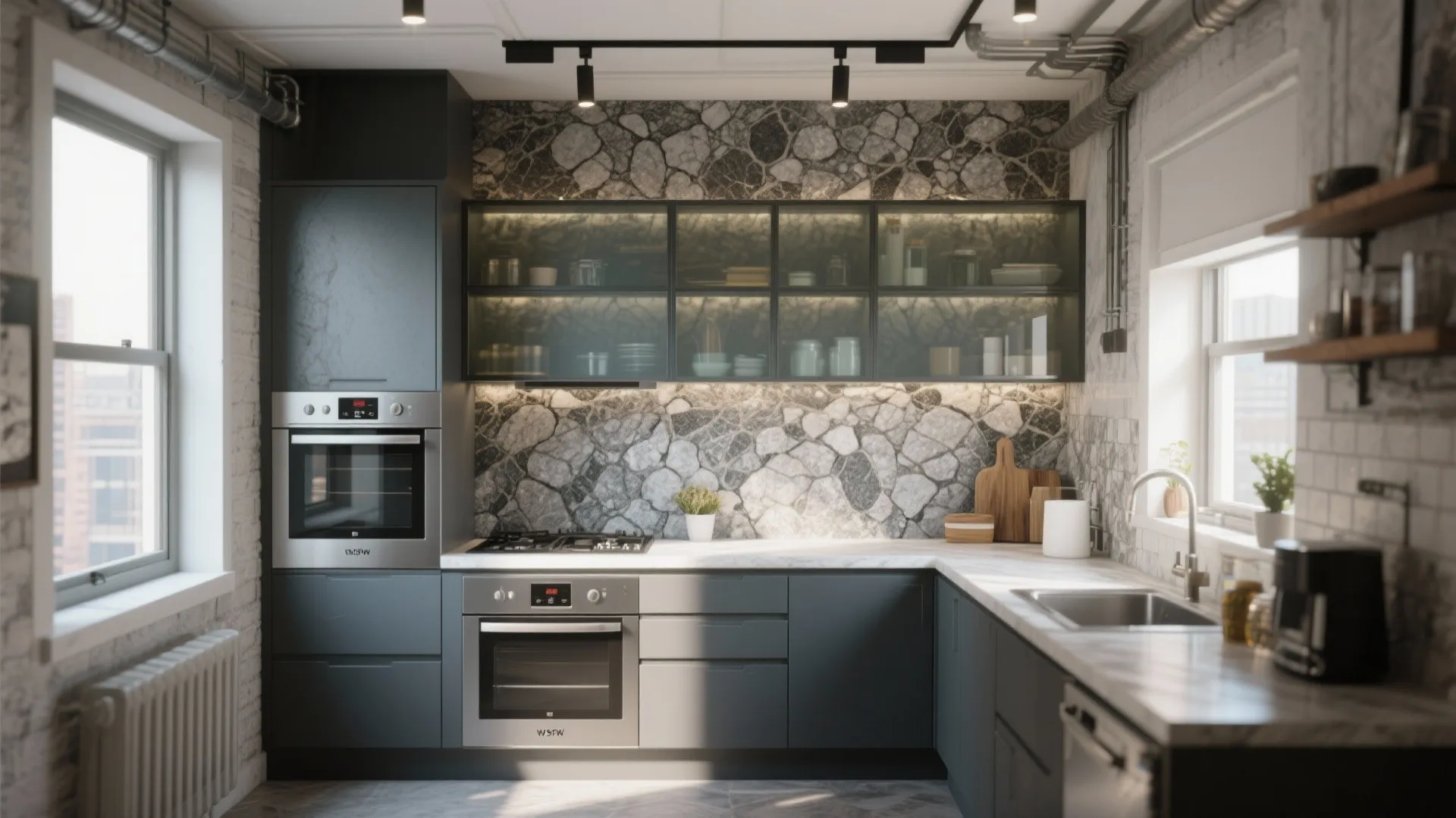 Contemporary Granite and Glass Combo Wall