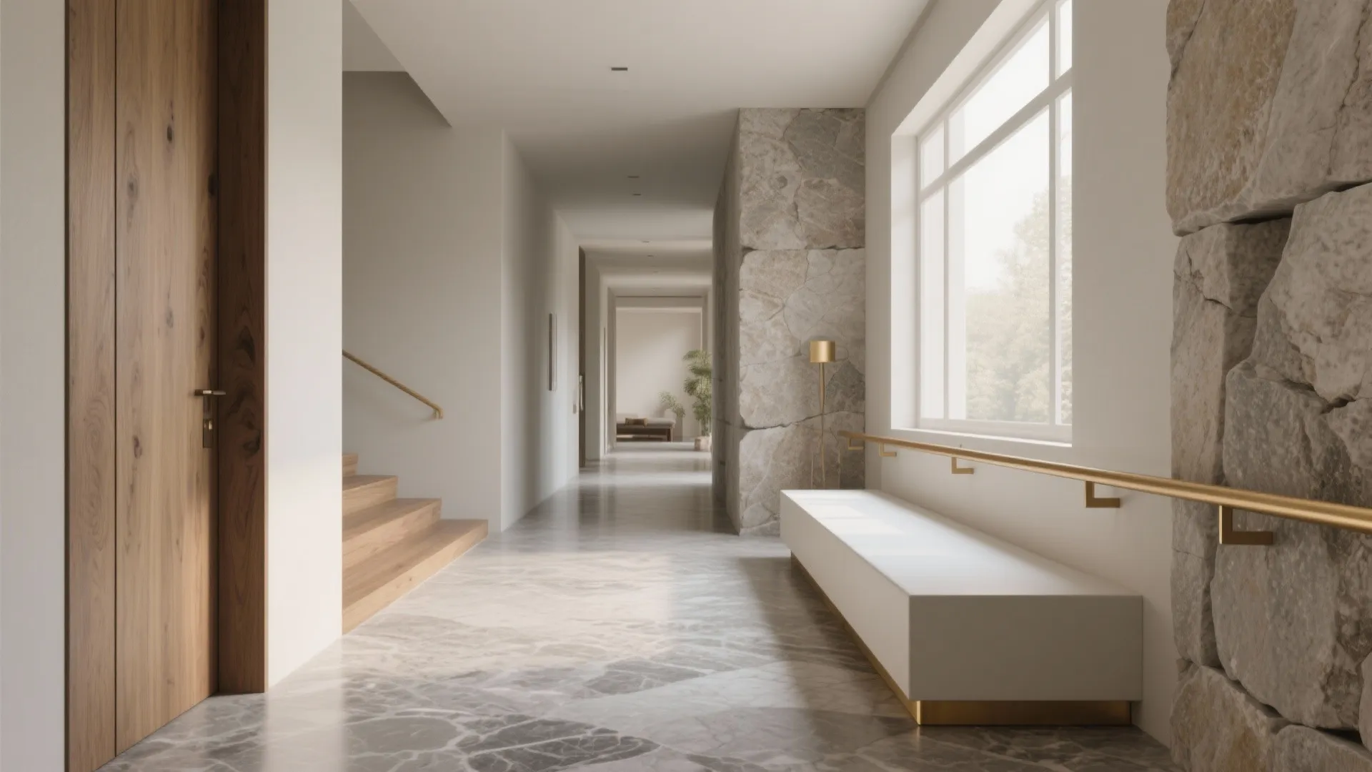 Long modern hallway with marble floor stone wall white bench gold handrail and wooden stairs