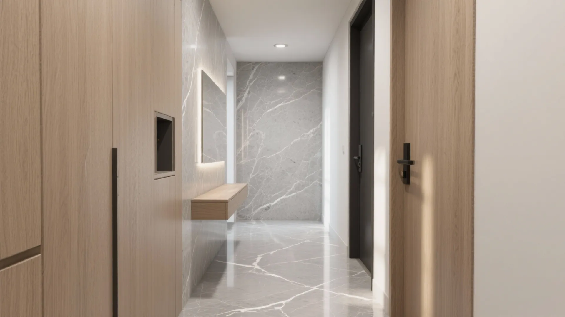 Modern hallway with grey marble walls wooden cabinets a floating shelf and one backlit mirror