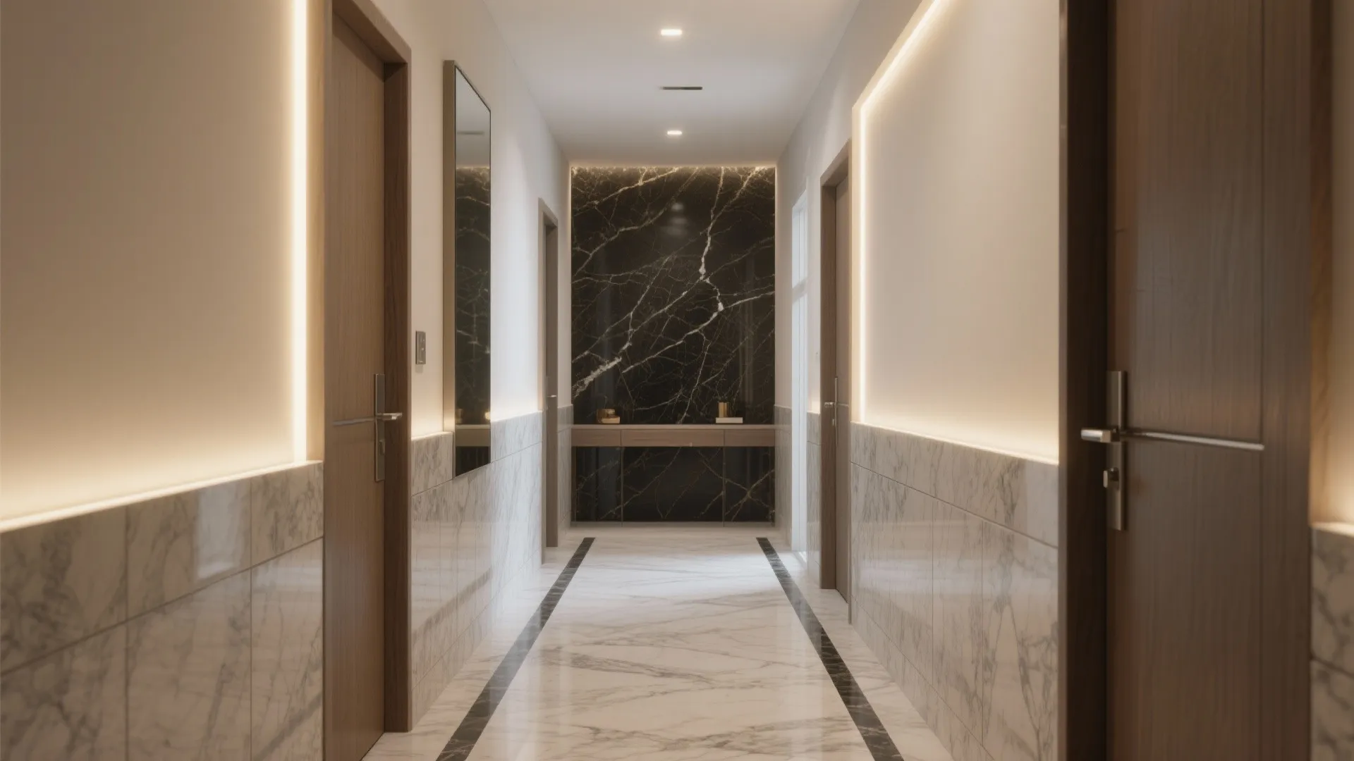 Modern hallway with marble floor and walls plus wood doors and a black marble feature wall