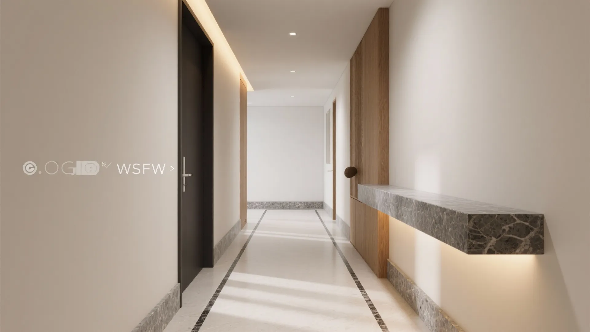 Compact hallway showcasing granite skirting, thresholds, a slim console with cladding, and a subtle floor inlay.