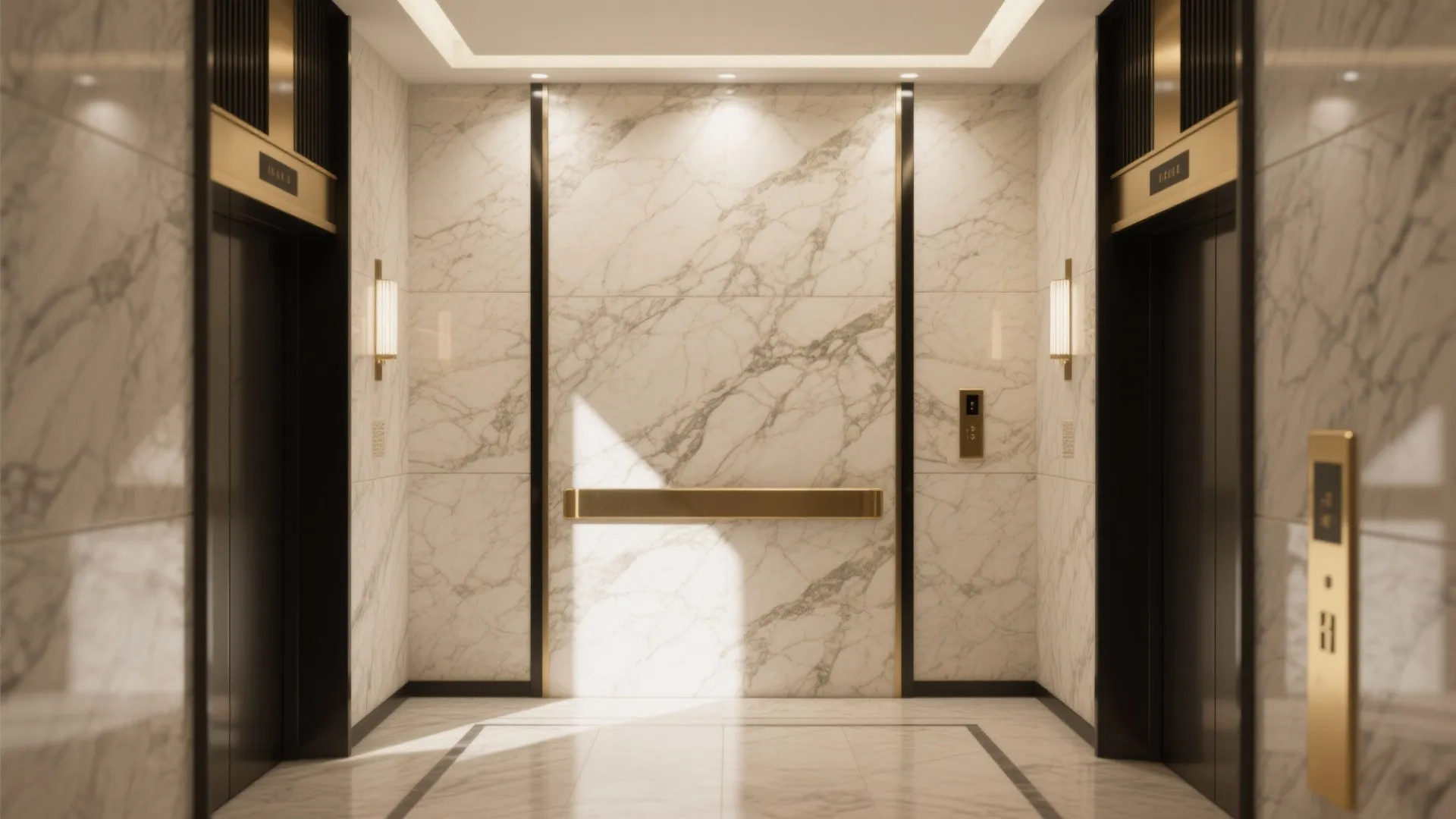 Luxury elevator lobby with white marble walls, gold metal accents, wall lights, and black doors