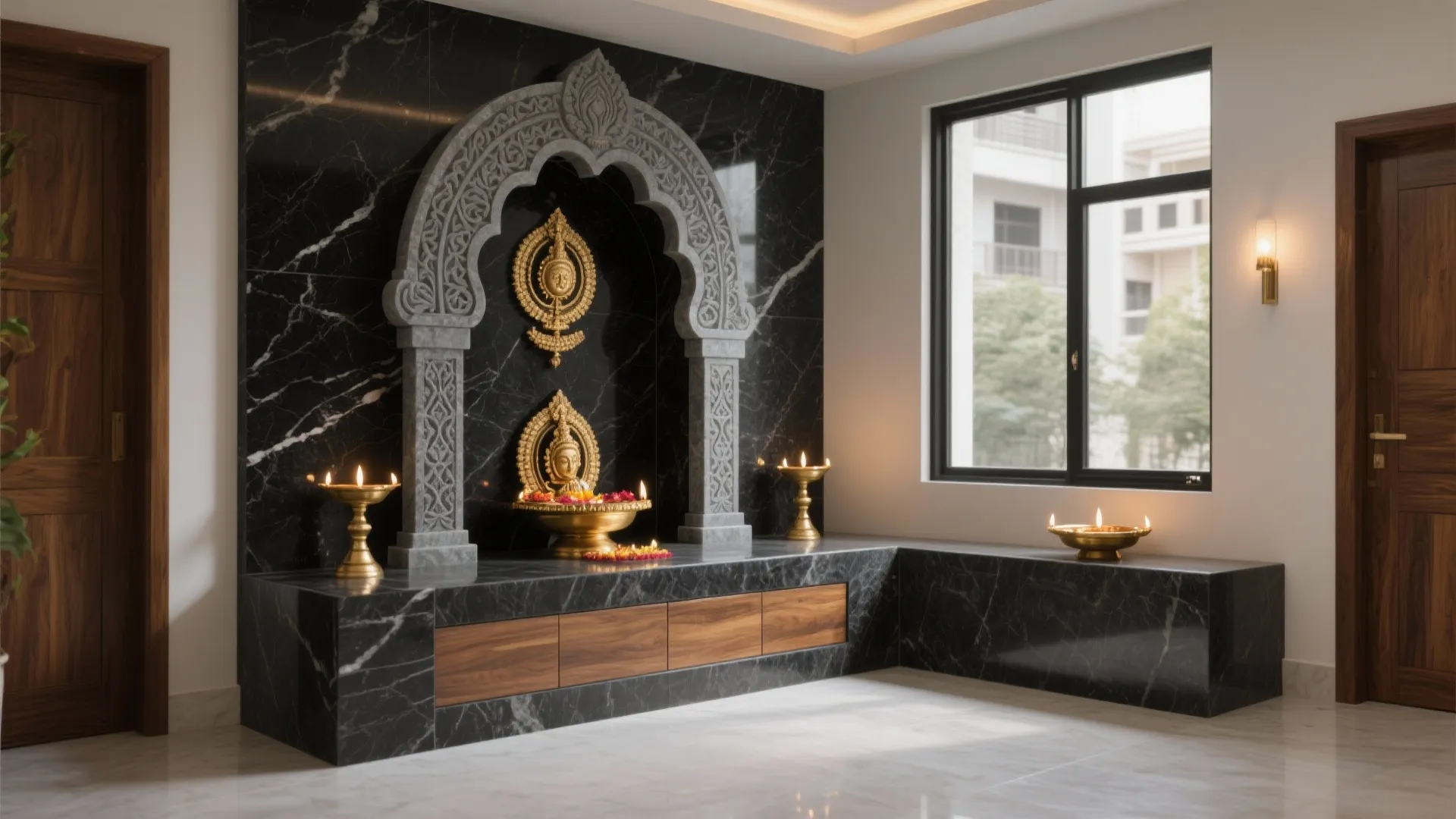 Large prayer area with black marble walls gold decorations wooden cabinets and bright natural light