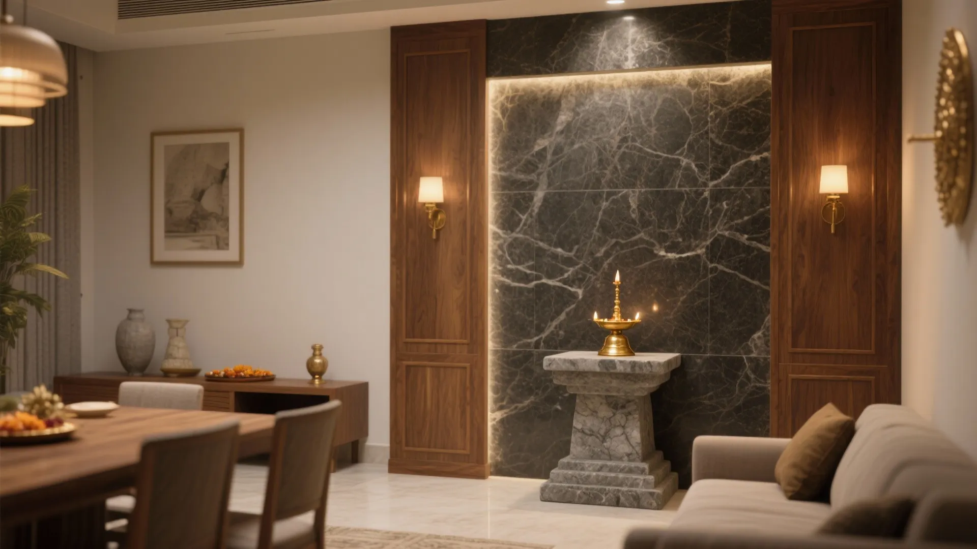 Modern living room featuring dark marble wall panel wood cabinets golden wall lights and grey sofa
