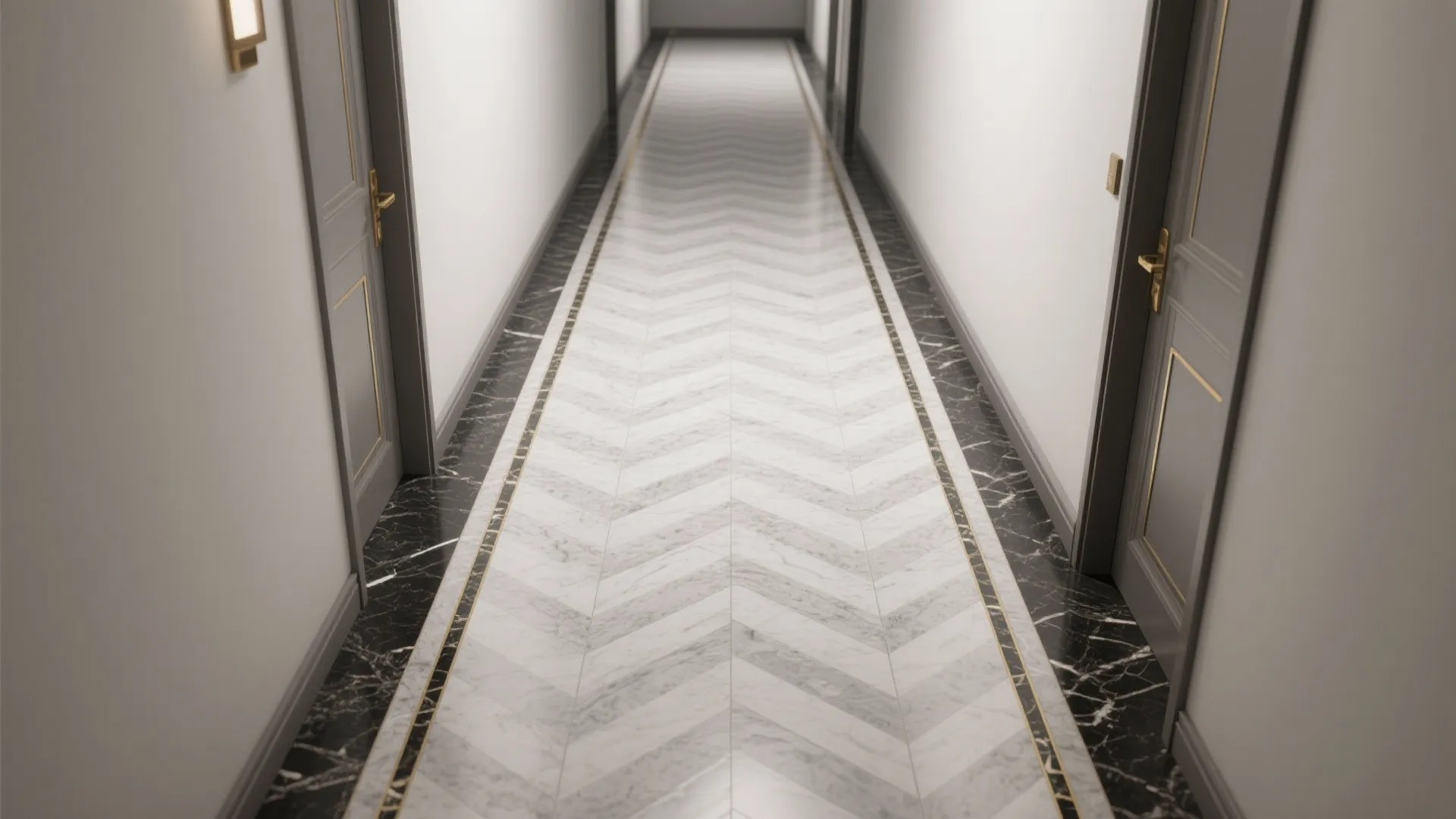 Long hallway with grey doors white walls and a white marble chevron patterned floor design