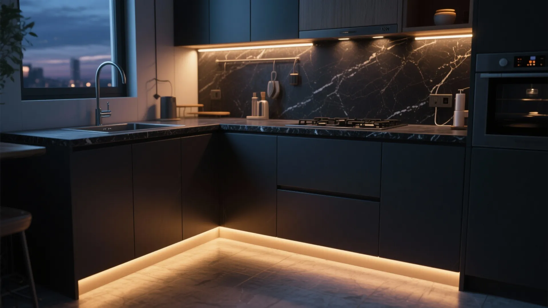 Modern dark kitchen with black marble backsplash under cabinet lighting and warm floor strip light