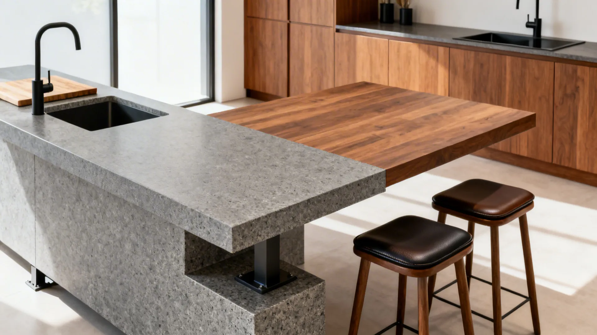 Compact kitchen island-table with a leathered gray granite waterfall top and cantilevered seating.