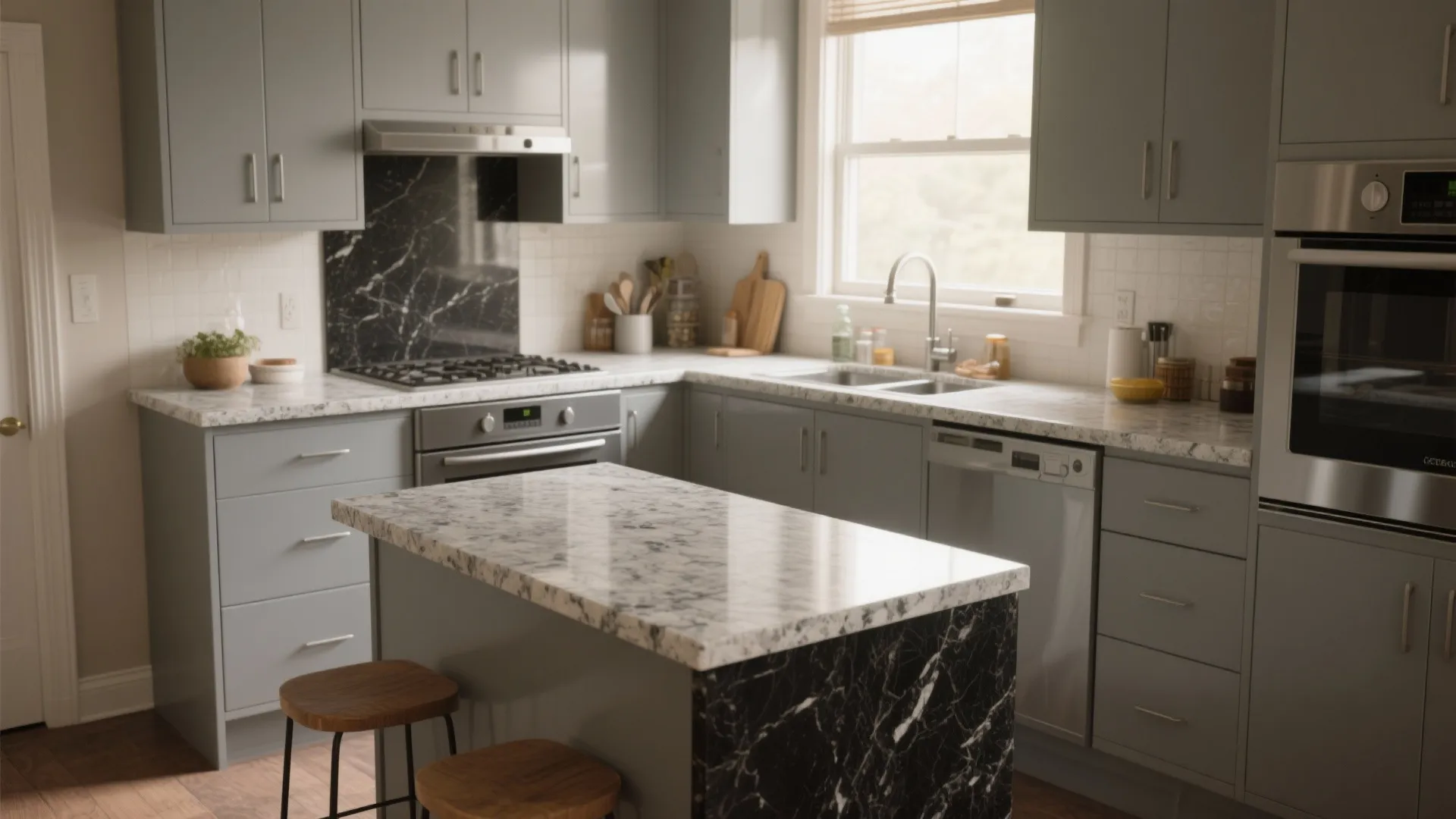Modern grey kitchen with marble countertop island two wooden stools and black marble wall panel