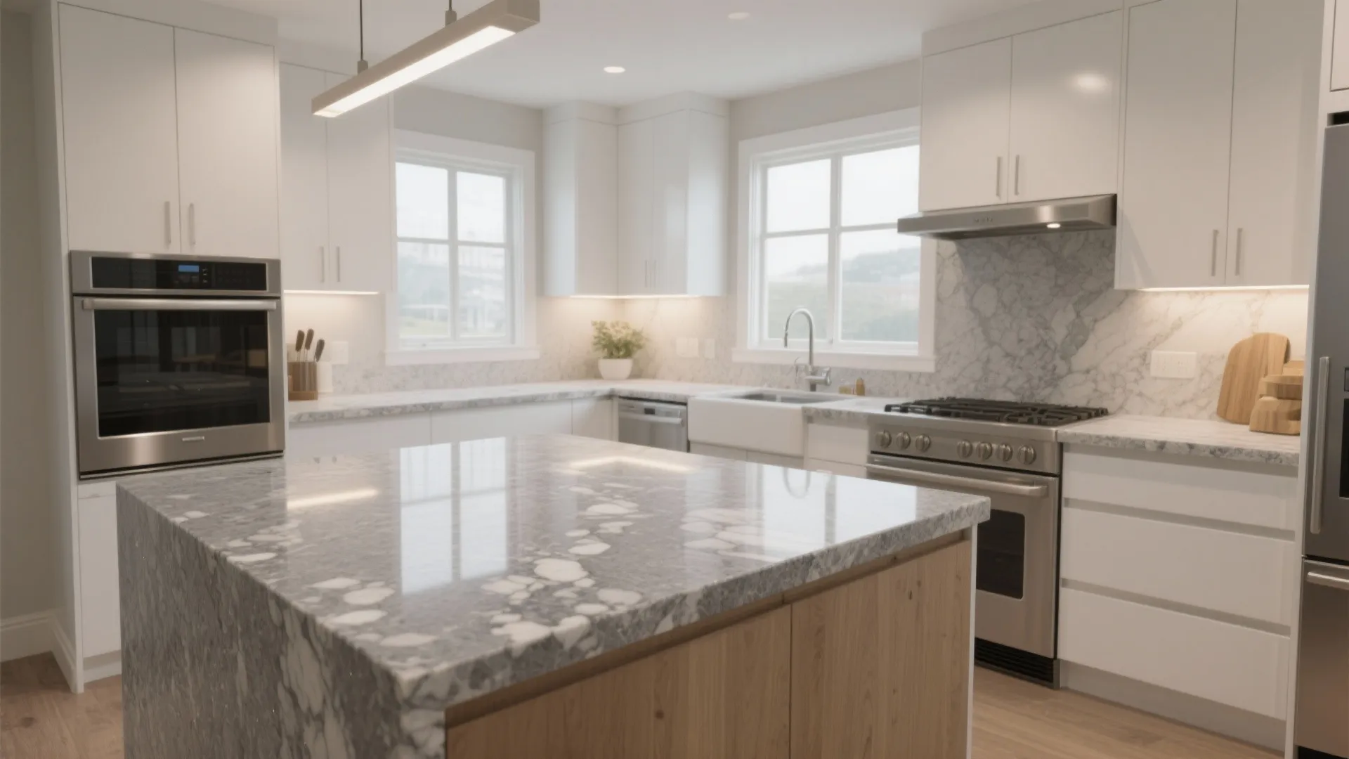 Modern white kitchen featuring marble island and counters with wooden cabinets plus built-in steel appliances