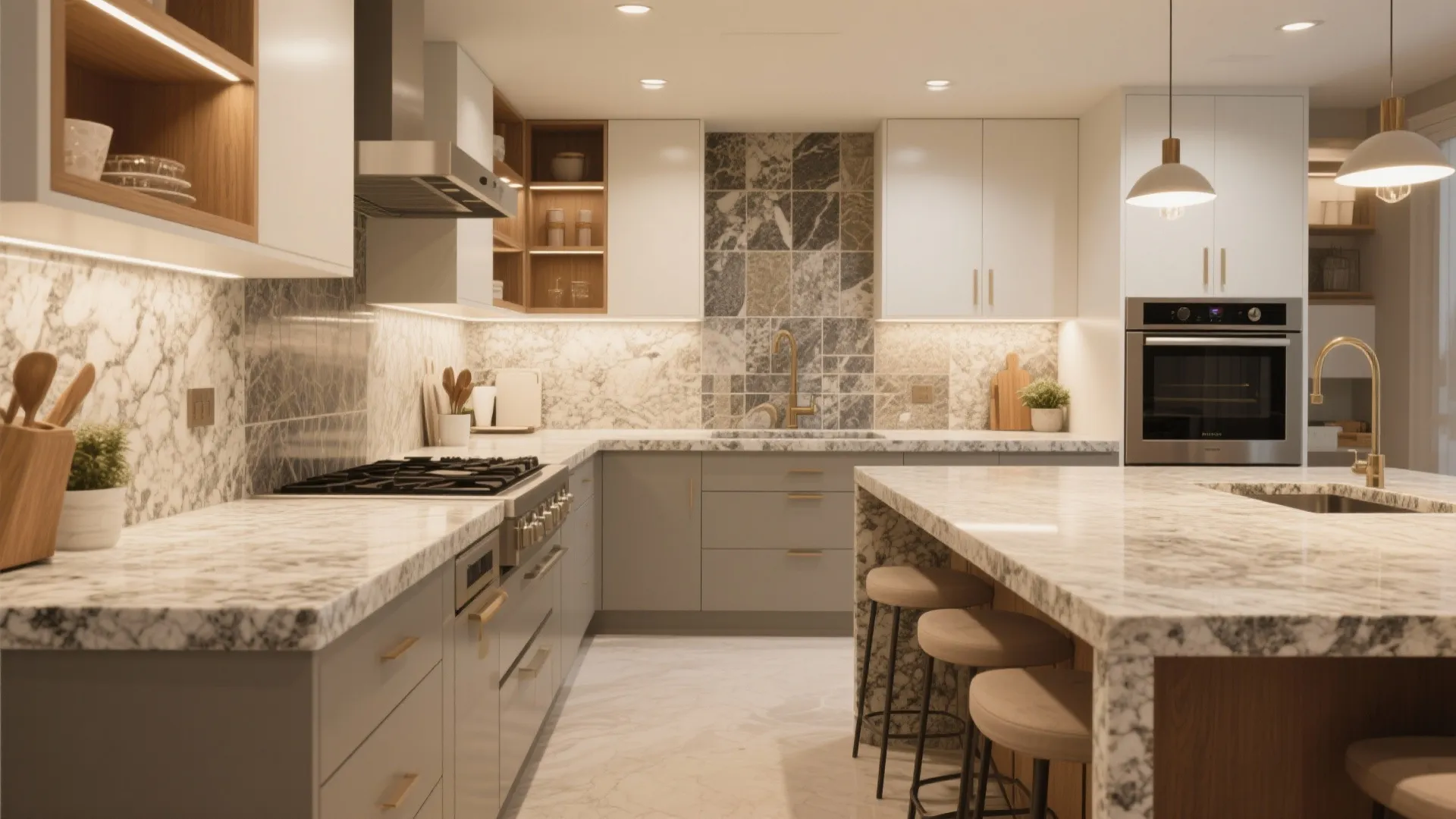 Warm kitchen design with marble stone backsplash grey cabinets island seating and modern light fixtures