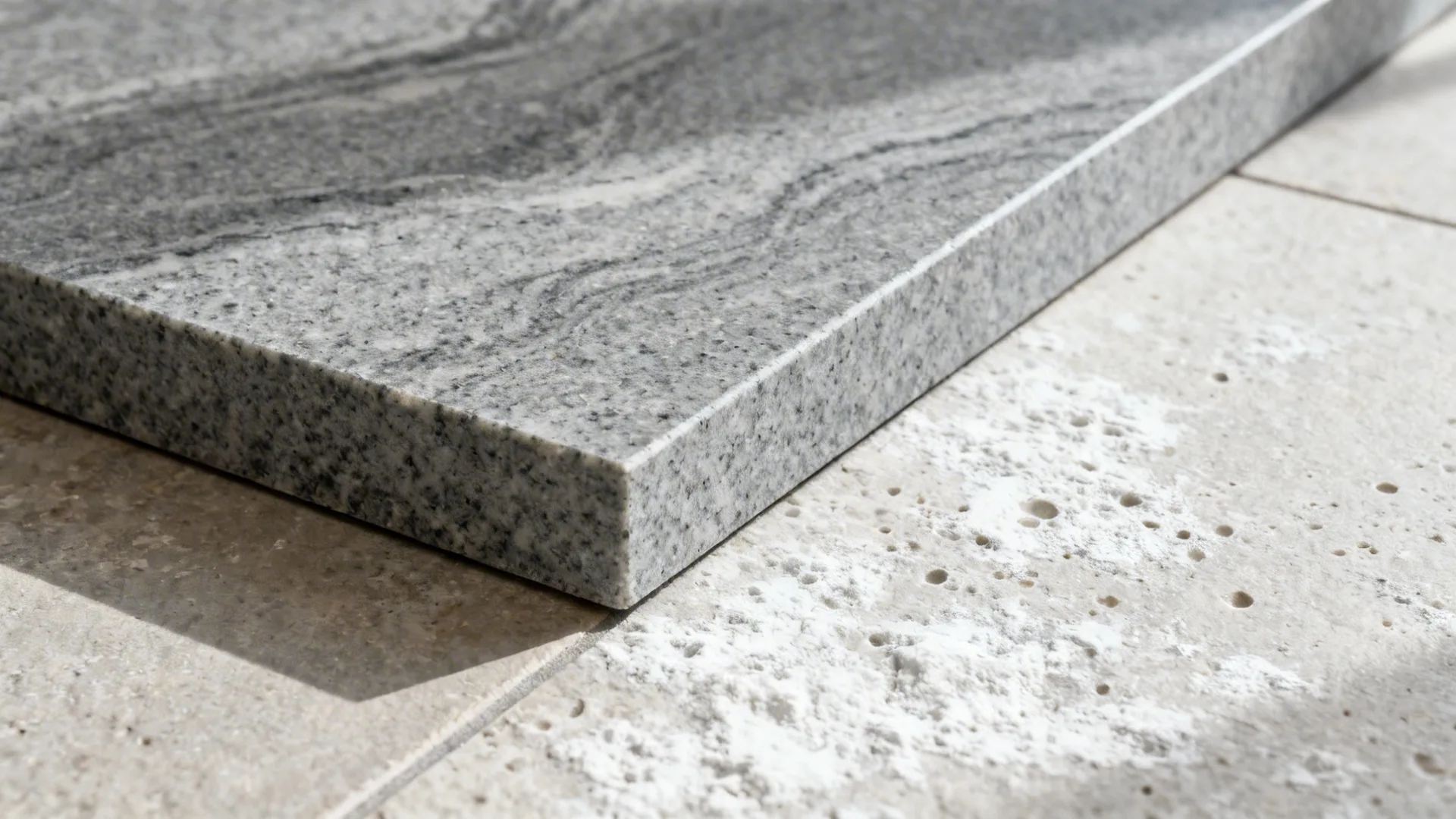 Macro of honed gray granite edge transitioning to chalky gray Kota stone floor.