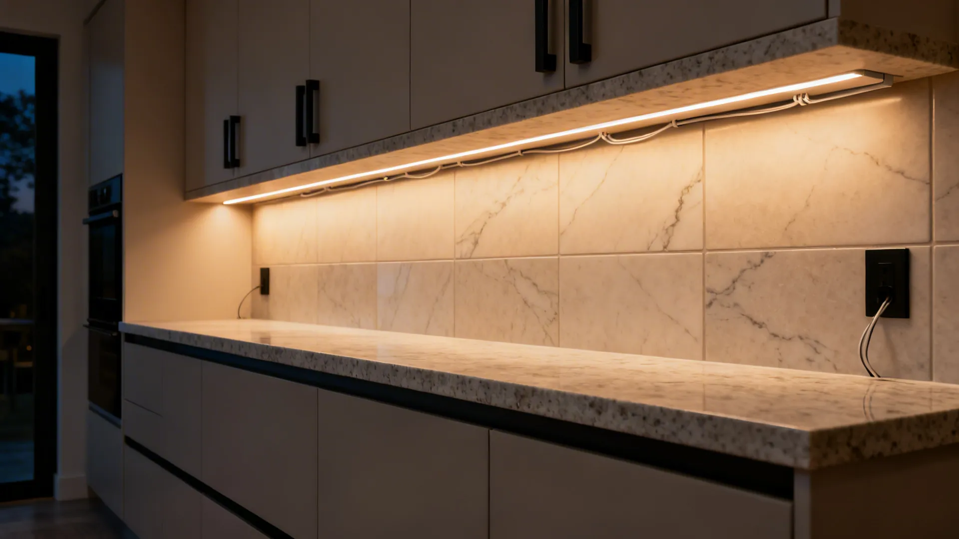 Full-width honed granite shelf with warm LED underglow washing the backsplash in a small kitchen.