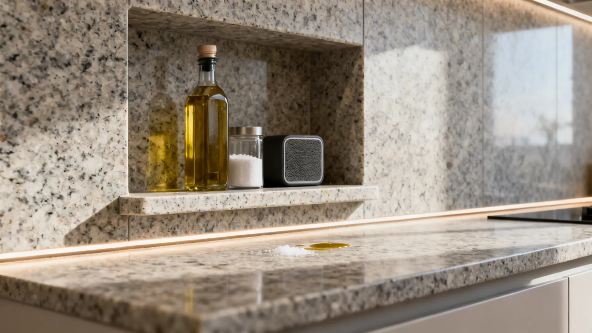 Integrated granite backsplash niche with a shallow ledge holding oils and salt in a minimalist galley kitchen.