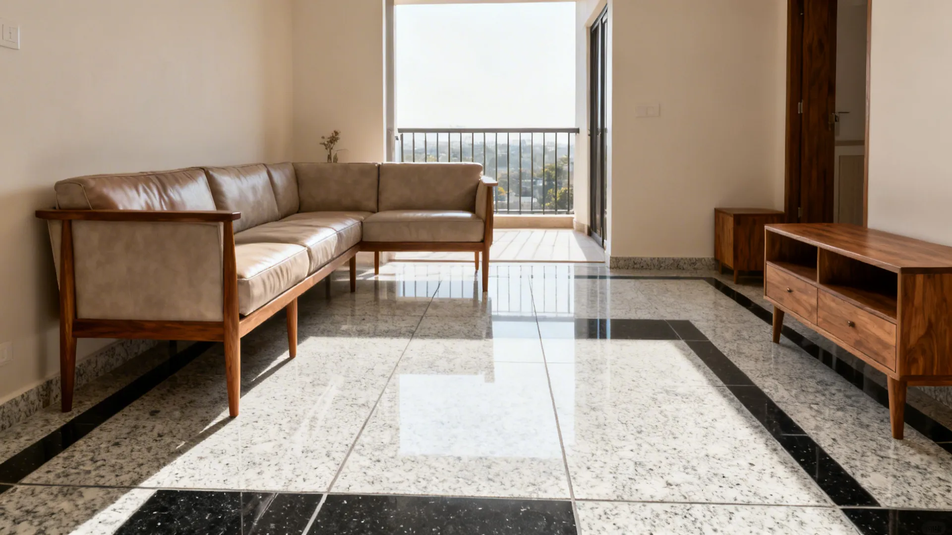 Modern living room featuring beige leather sofa wooden cabinet and polished stone floor with black borders