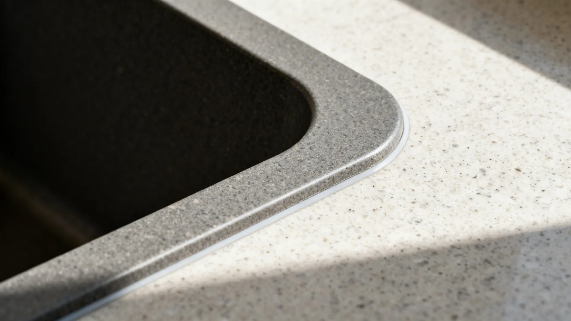 Macro view of a matte granite composite sink corner and undermount rim meeting a quartz countertop.